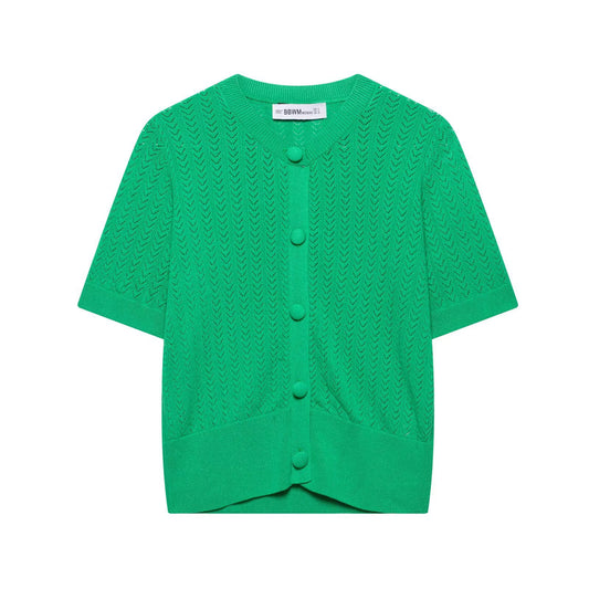 Round neck jacquard mesh knitted cardigan short sleeved top for women